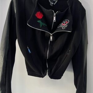 Edgy Black Bomber Jacket with Embroidery Patches